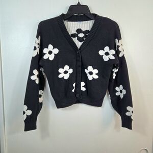 Old Navy Girls Black White Daisy Floral Button-Front Knit Cardigan Sweater Large